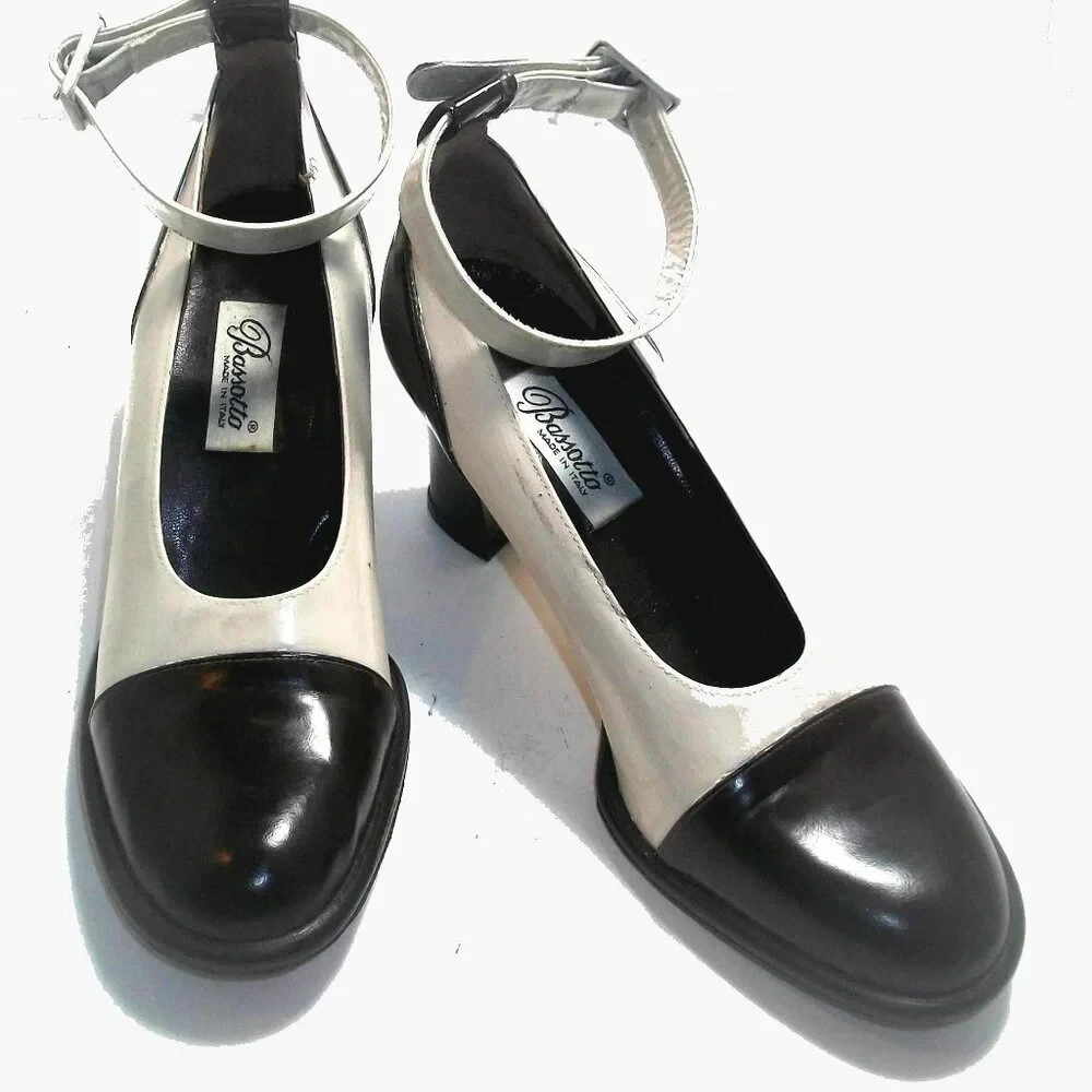 Vtg 90’s Black & Cream Chunky Cap-Toe Ankle Strap Pumps Made in Italy 9M 39M
