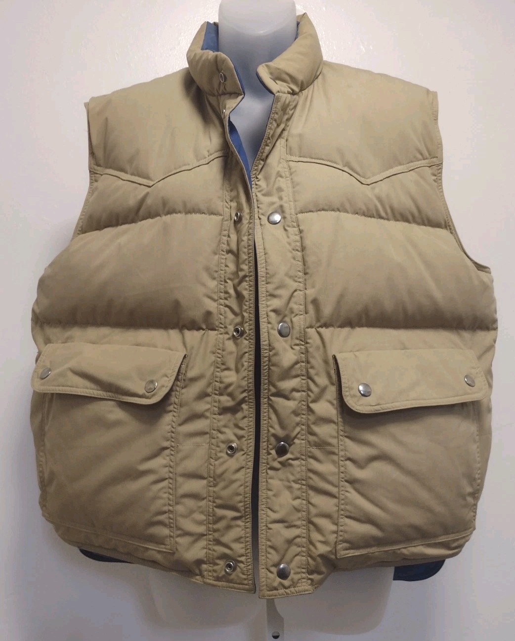 VTG 80s Pacific Trail Reversible Down Vest Tan/Blue Nylon Poly Cotton L