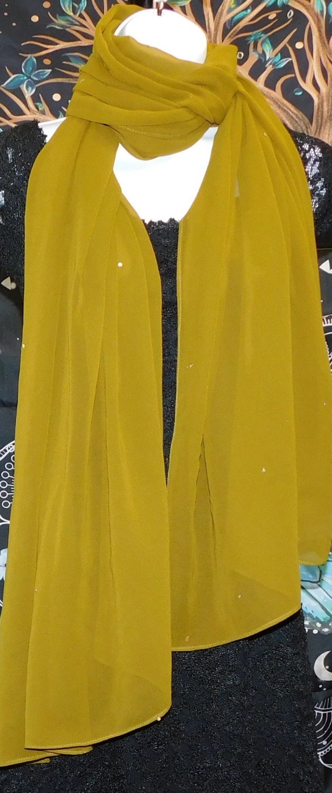 Olive Chiffon Wrap Scarf With Sequin Accents 96×28 Inches