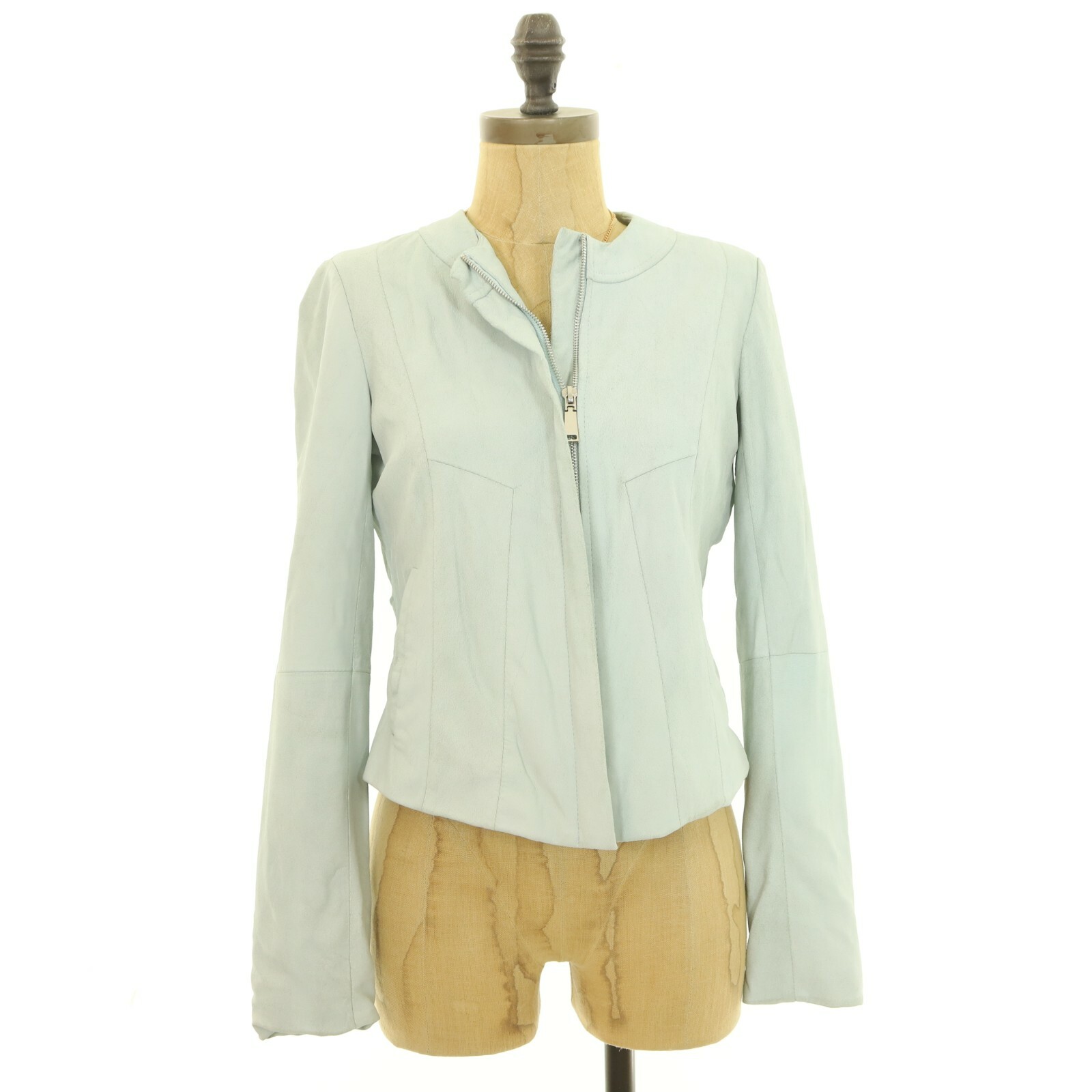 T Tahari Paperweight Lamb Leather Jacket PP Ice Blue Petite Collarless B63
