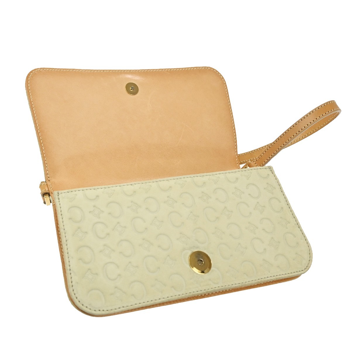 CELINE Logo C Macadam Shoulder Bag Leather Suede Ivory GHW Italy 69KC034