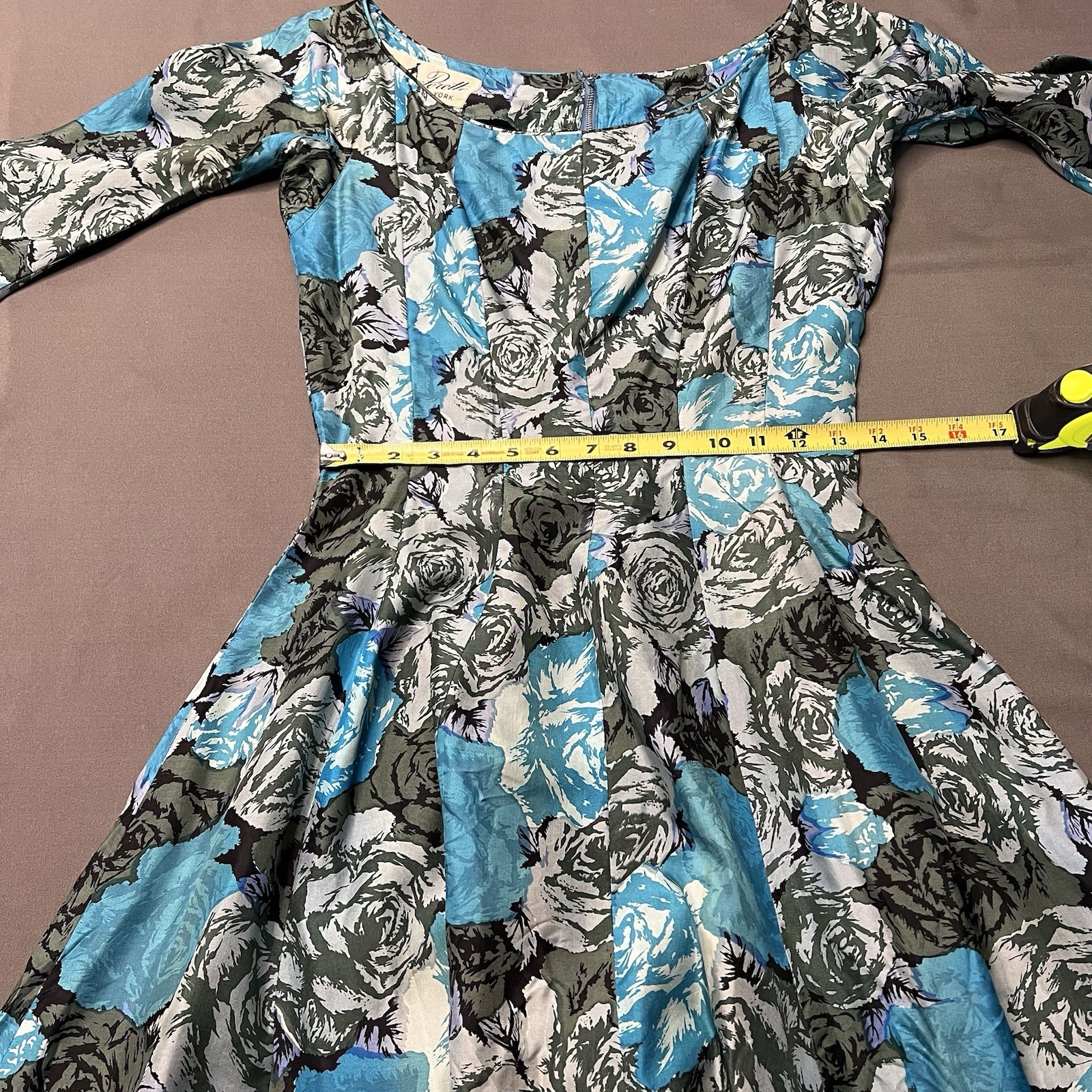 VTG 50s Suzy Perette Silk Fit N Flare Flue/Green Purple Rose Dress Pin Up Goth