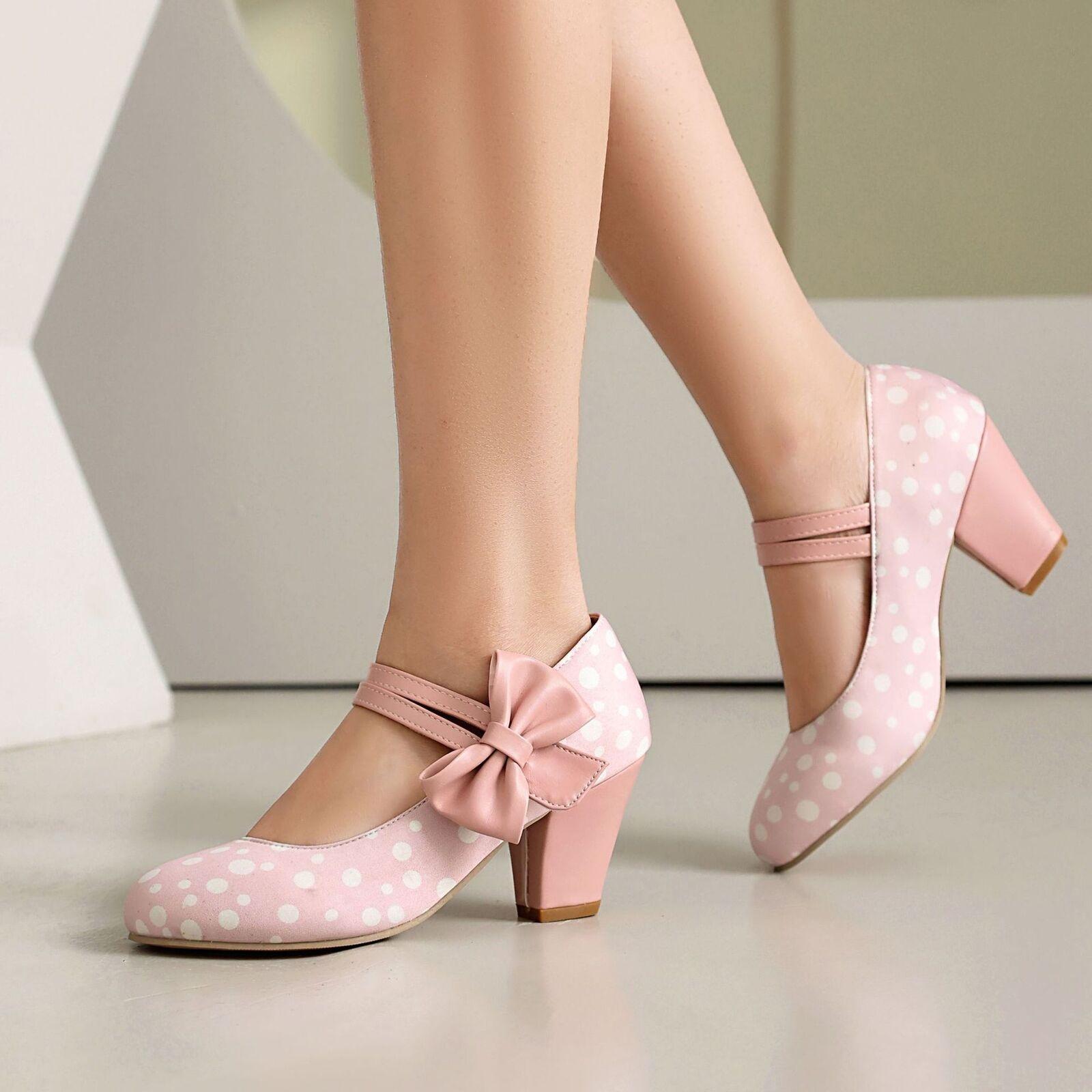 Women’s Bowknot Polka Dot Mary Jane Sweet Dress Party Casual High Heels OL Shoes