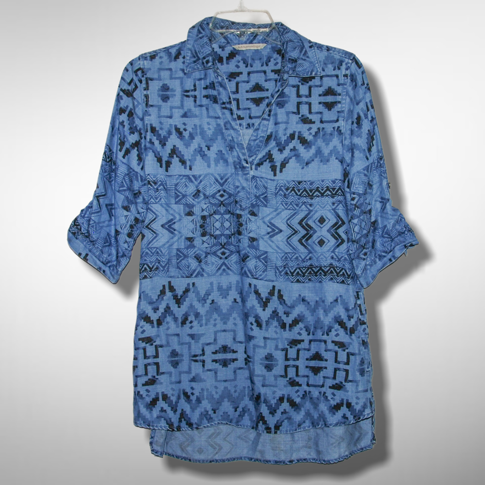 Soft Surroundings Small Fit Blue Aztec Southwestern Tunic Top Roll Tab Sleeve