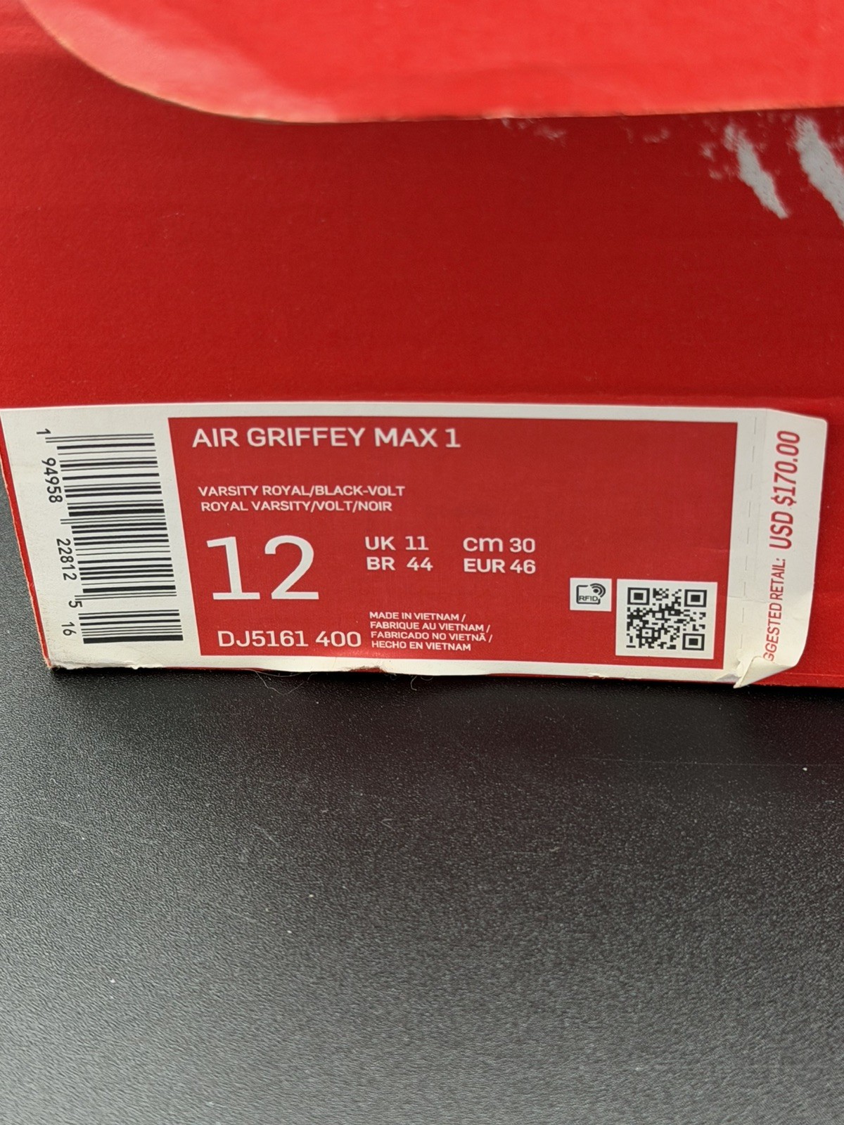 Nike Air Griffey Max 1 Varsity Royal Black Volt Leather 2021 12 M OG box clean!