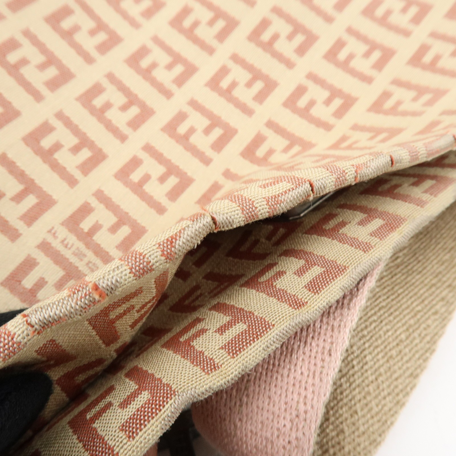 FENDI Zucchino Canvas Leather Shoulder Bag Beige Pink 8BR318 Authentic Used F/S