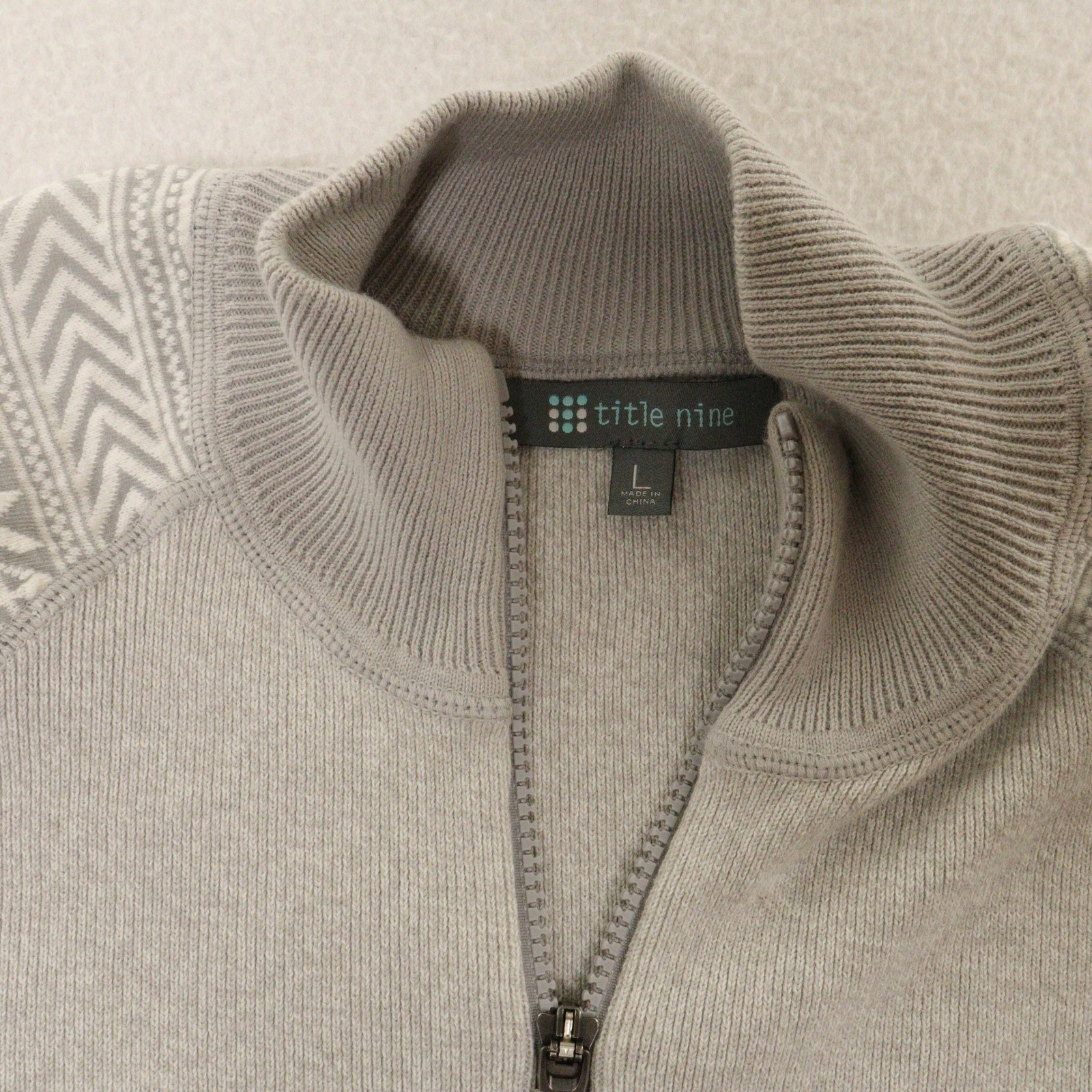 Title Nine Full Zip Sweater Fair Isle Mock Neck Gray Cotton Wool Women L