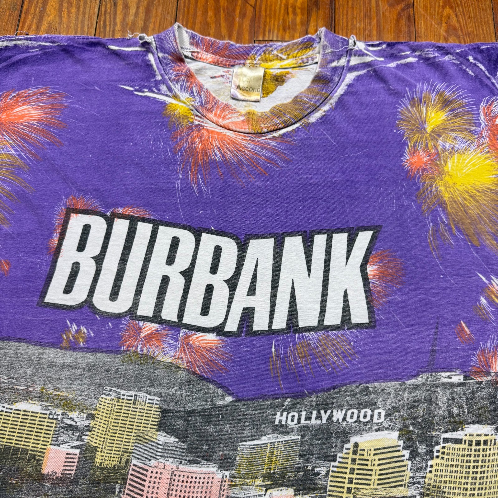 Vintage Burbank California All Over Print Shirt Mens Size XL Purple 90s