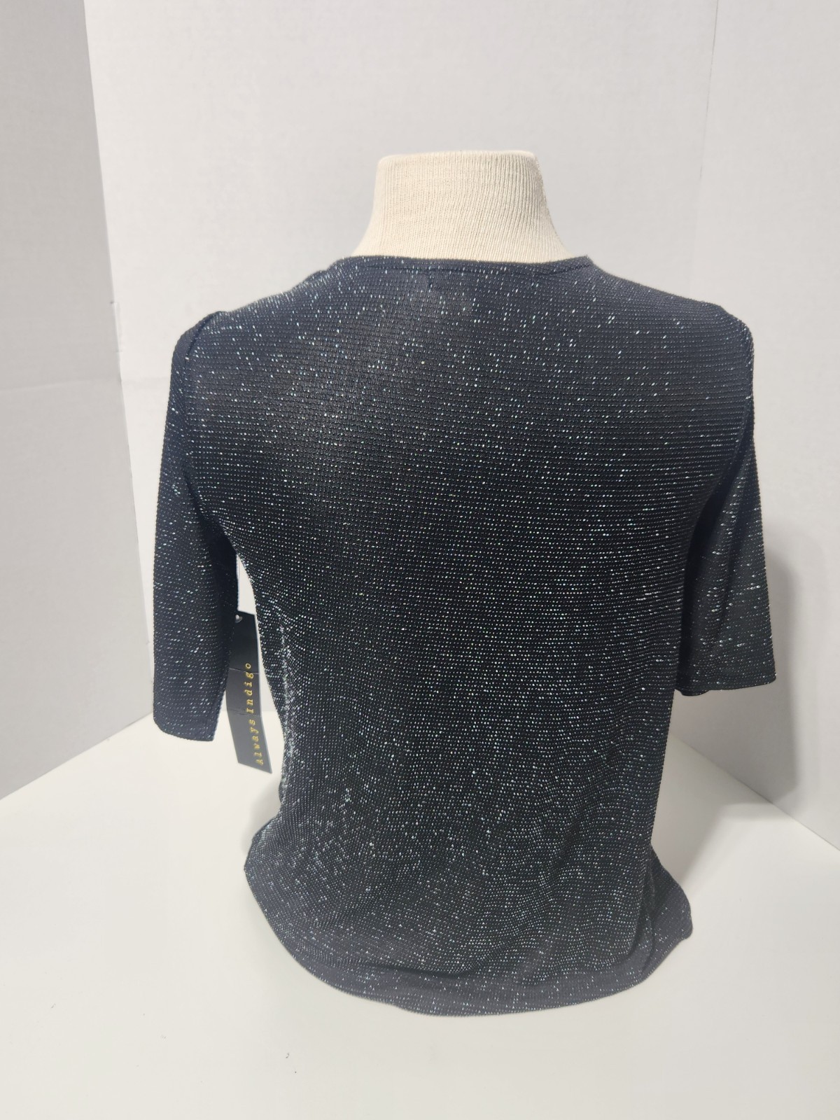 Always Indigo Black Silver Glitter Jersey Cowl Neck Short Sleeve Blouse Top M