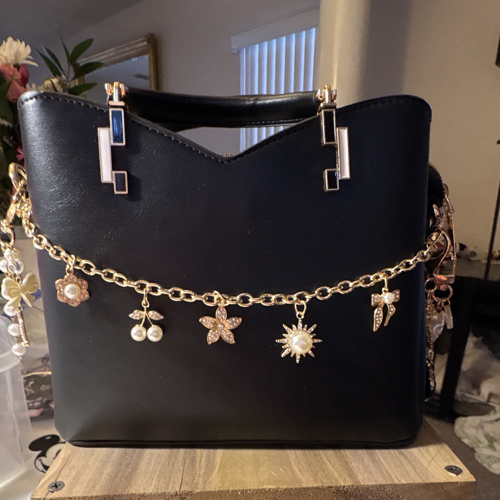 Black Women’s Satchel Top Handle Zip Inner Pockets Gold Pearl Chain Charm Strap