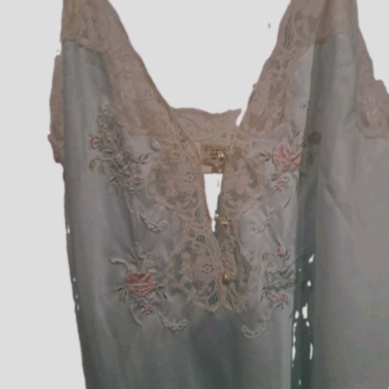 Vtg Sara Beth Gown M Pale Aqua Lace Bodice Curved Slit Hem Pearl Button Soft