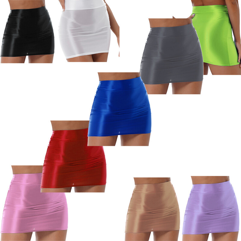 Lady Glossy Shiny Pencil High Waist Wrapped Hip Skirt Bodycon Miniskirt Clubwear