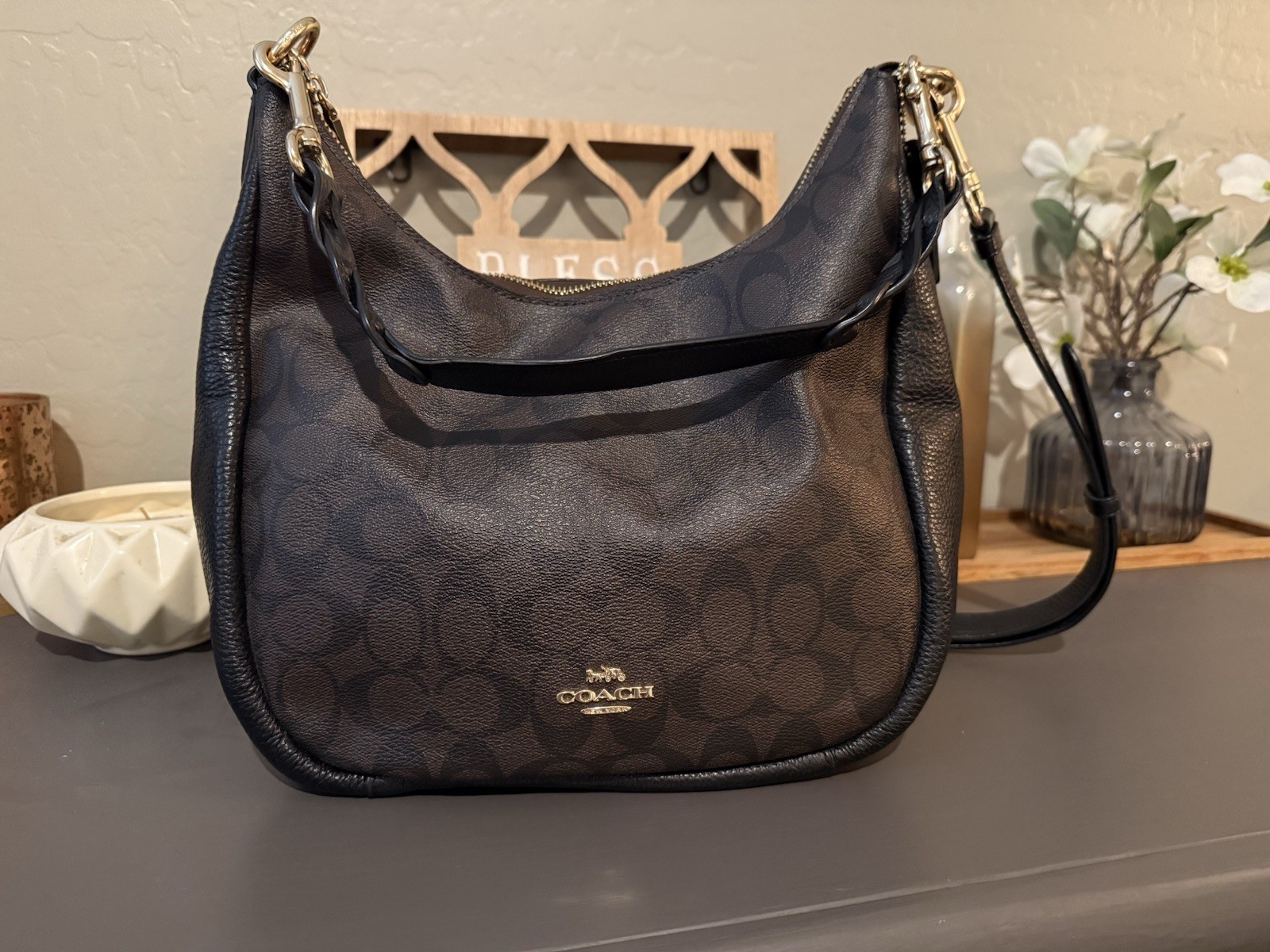 Coach Signature C Logo Medium Hobo Bag Brown/Black Zip, Detachable Strap