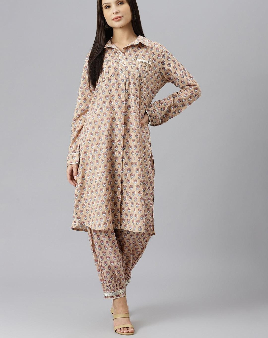 Beige Cotton Shirt Style Kurta Hem Cuffed Pant Co-Ord Set Women Plus Size