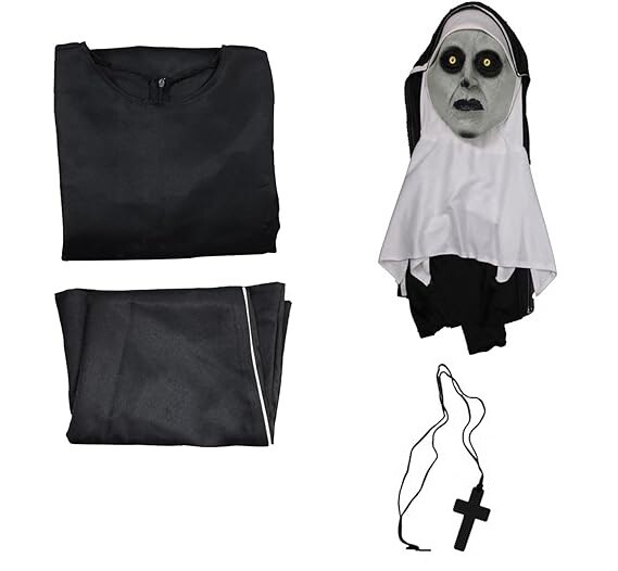 Halloween Horror Scary Nun Black Robe Suit + Mask Costume Cosplay w/Hood & Cross