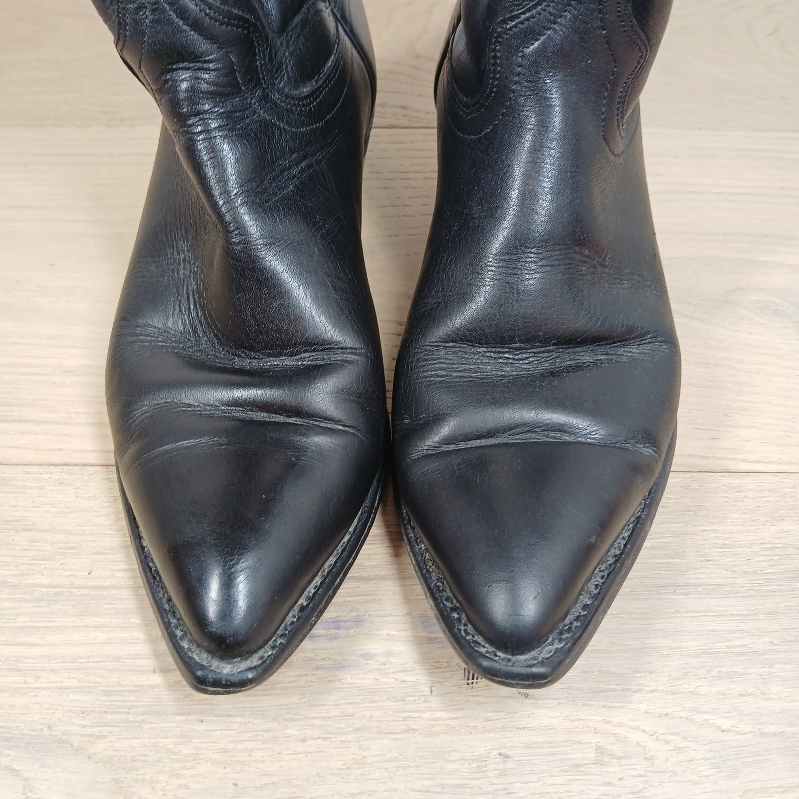 J.Chisholm Western Boots Men’s 7 Black Leather Pointed Toe Cuban Heel Mid-Calf