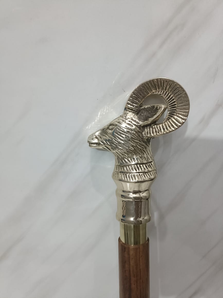 36” Handmade Walking Stick Cane Wood Antique Sword Brass Gold Shape Goat Handle