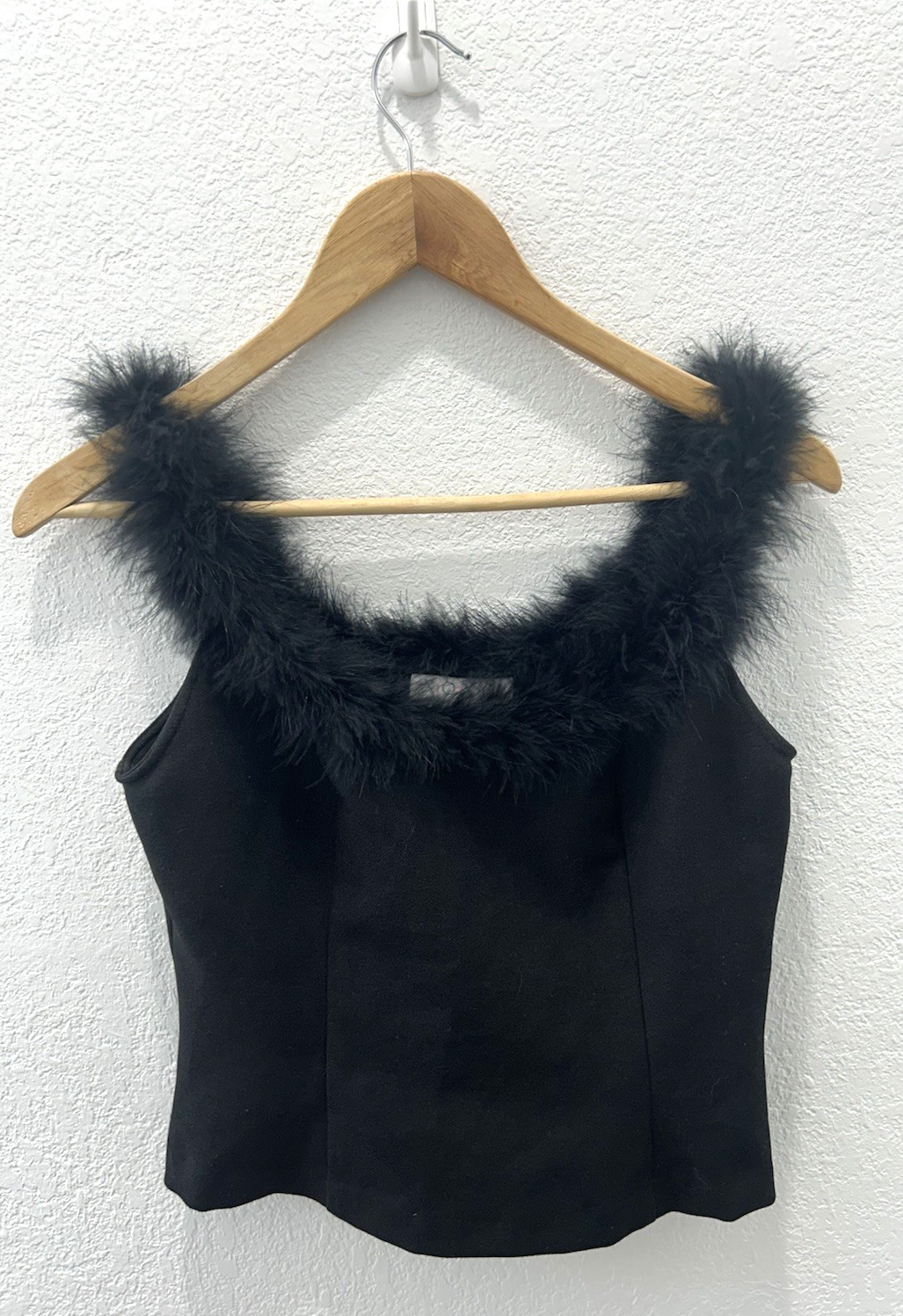 Vintage 90s XOXO Black Feather Trim Tank Top Made In USA Womens M (Fits XS S)