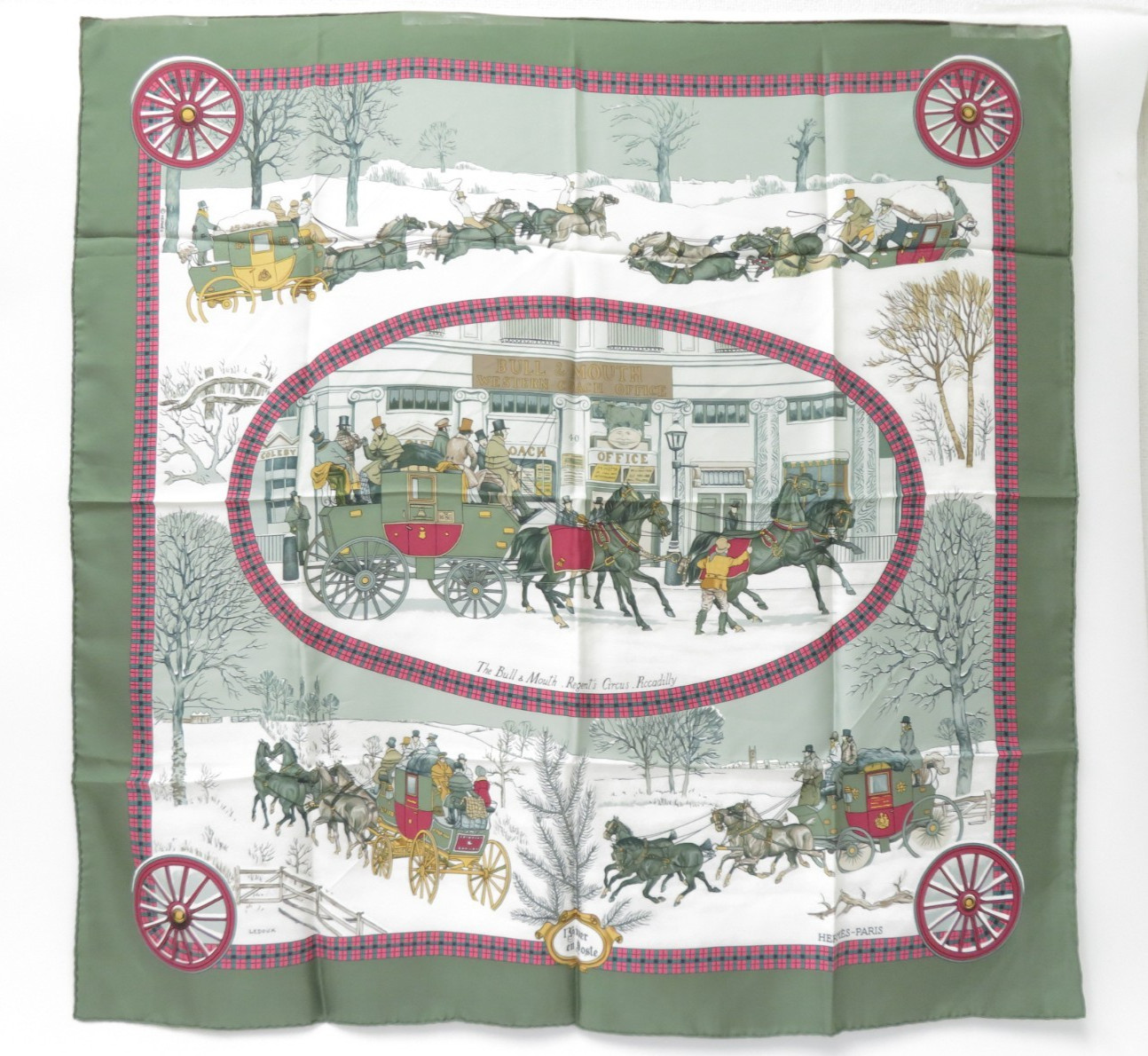 Authentic HERMES Silk Scarf Carre 90 “L’Hiver en Poste” F#53197