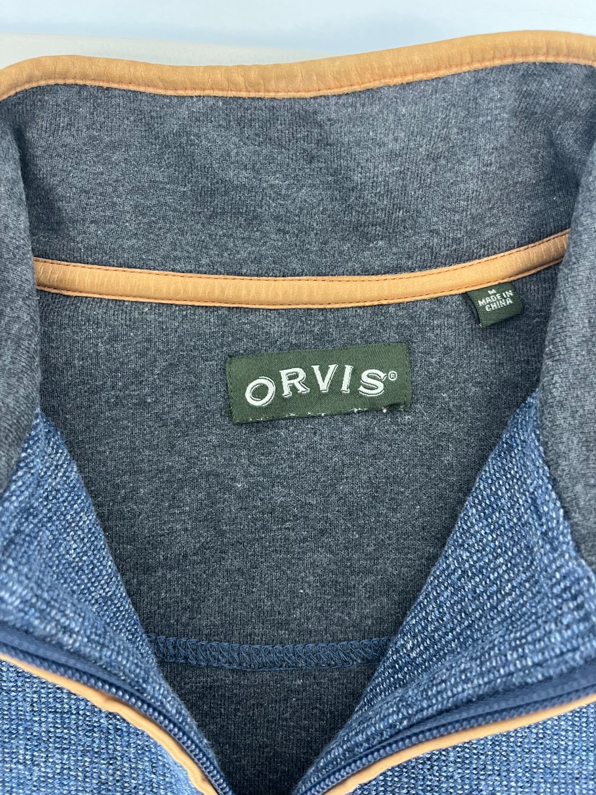 Orvis Quarter Zip Pullover, Men’s, M, Blue, Leather trim and elbow patches