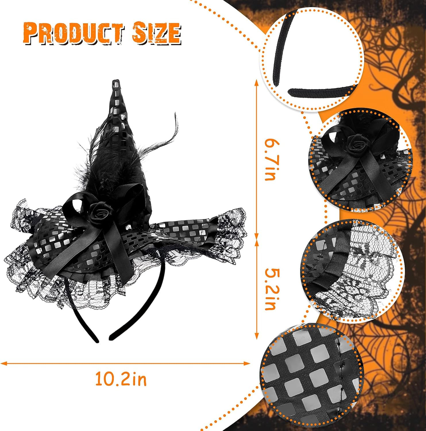 4 Pcs Halloween Witch Hat Headband and Lace Gloves Set | Black Lace Fingerless