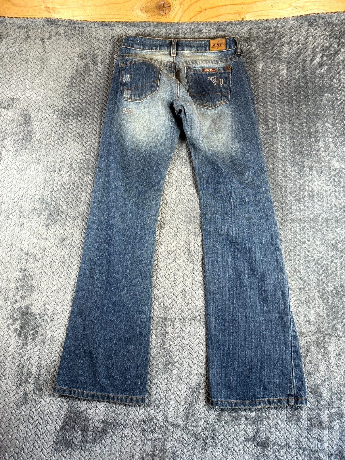 Vintage Hint Flare Jeans Womens 1 Blue Denim Cotton Studded Distressed Mid Rise