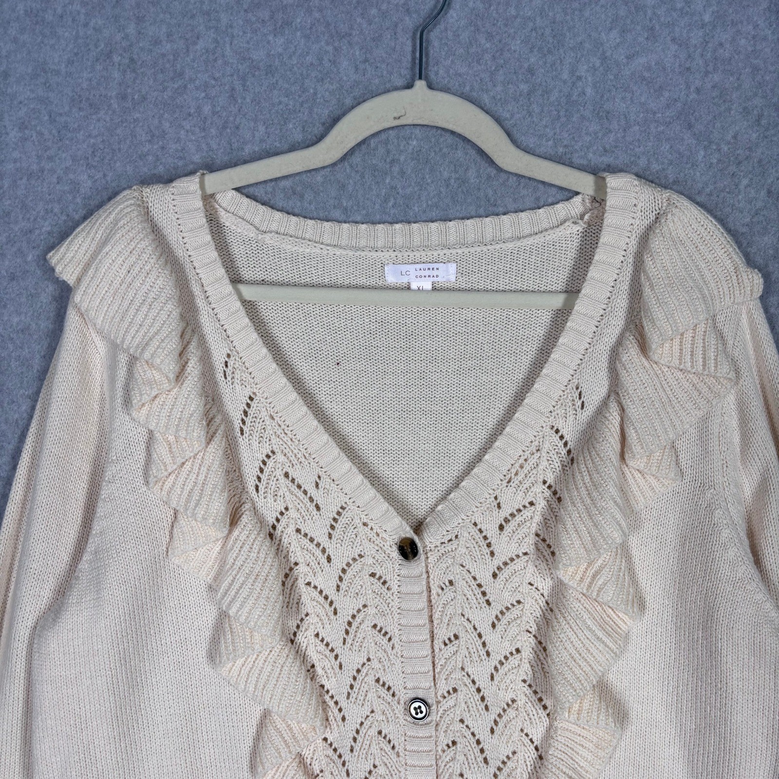 NEW Lauren Conrad Crochet Ruffle Cardigan Sweater XL Cream Dainty Coquette