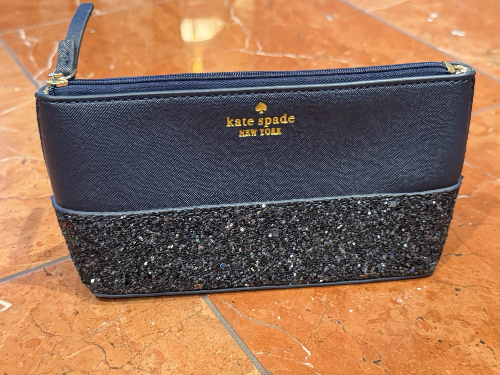 KATE SPADE GRETA COURT LITTLE SHILO BLUE GLITTER LEATHER COSMETIC BAG CLUTCH NEW