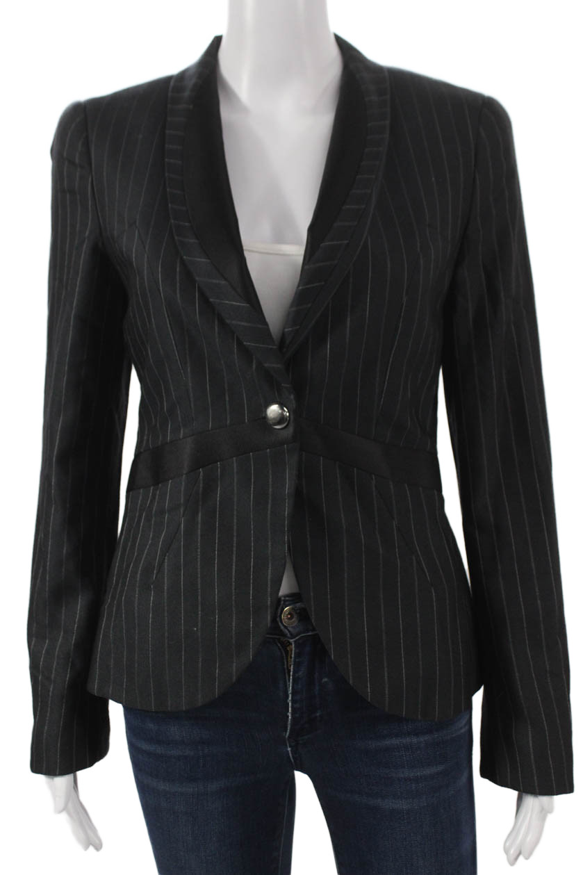 Not Available Womens Blazer Black Cashmere Pinstripe Button Long Sleeve Size 40