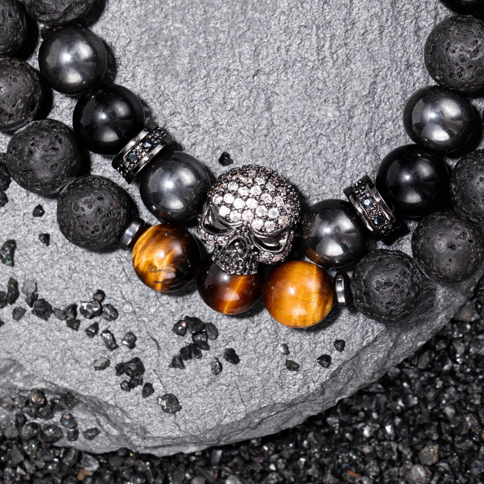 Crystery Men Hematite Beaded Bracelets, One Size, Black, Brown, Yellow, Grey