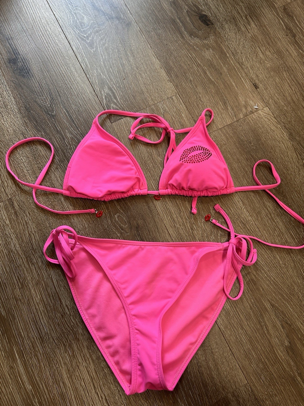Y2K Juicy Couture Pink Rhinestone Bikini Set Tie Side Swimwear Women’s Size M/L