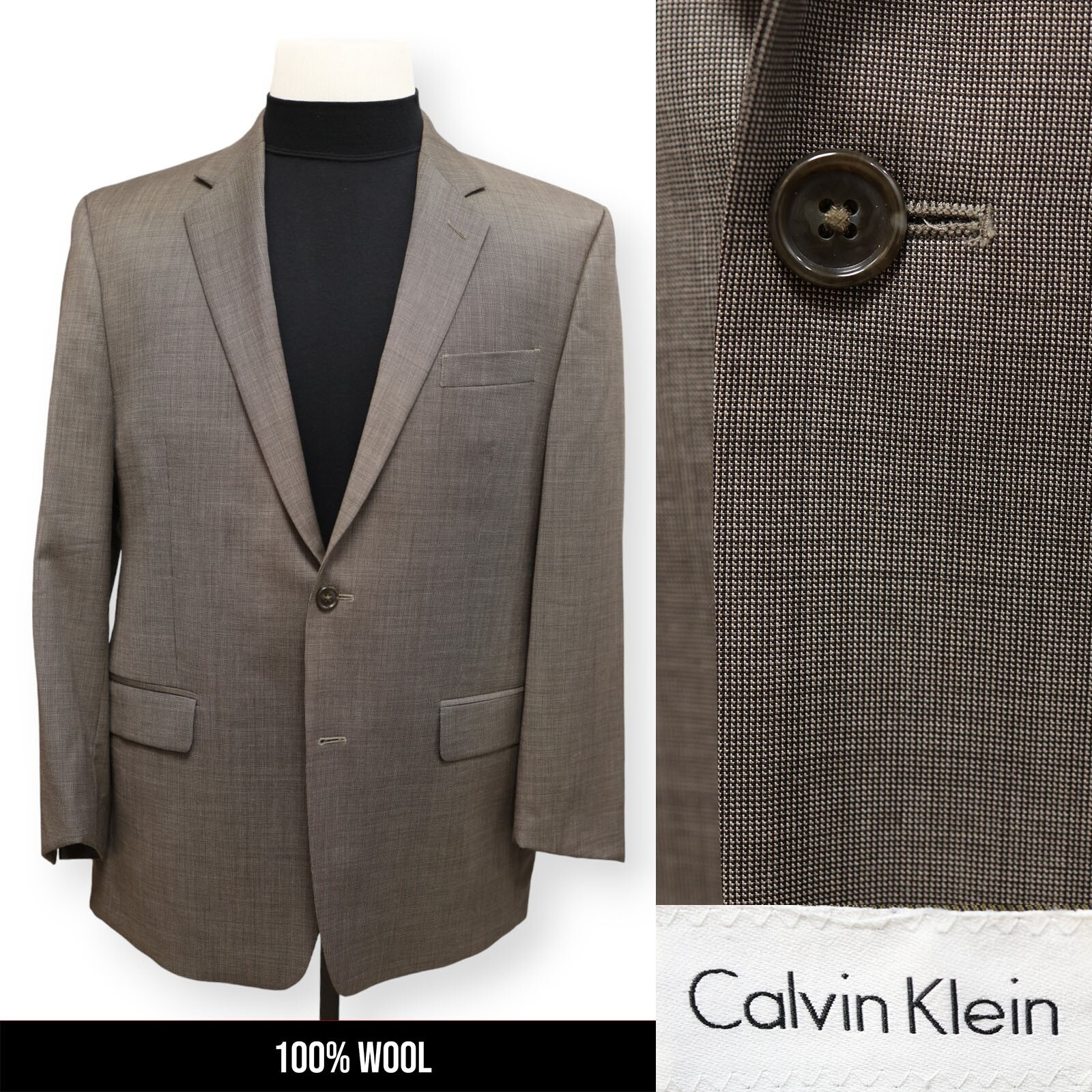 CALVIN KLEIN mens brown nailhead 100% WOOL sport coat suit jacket blazer 42 R