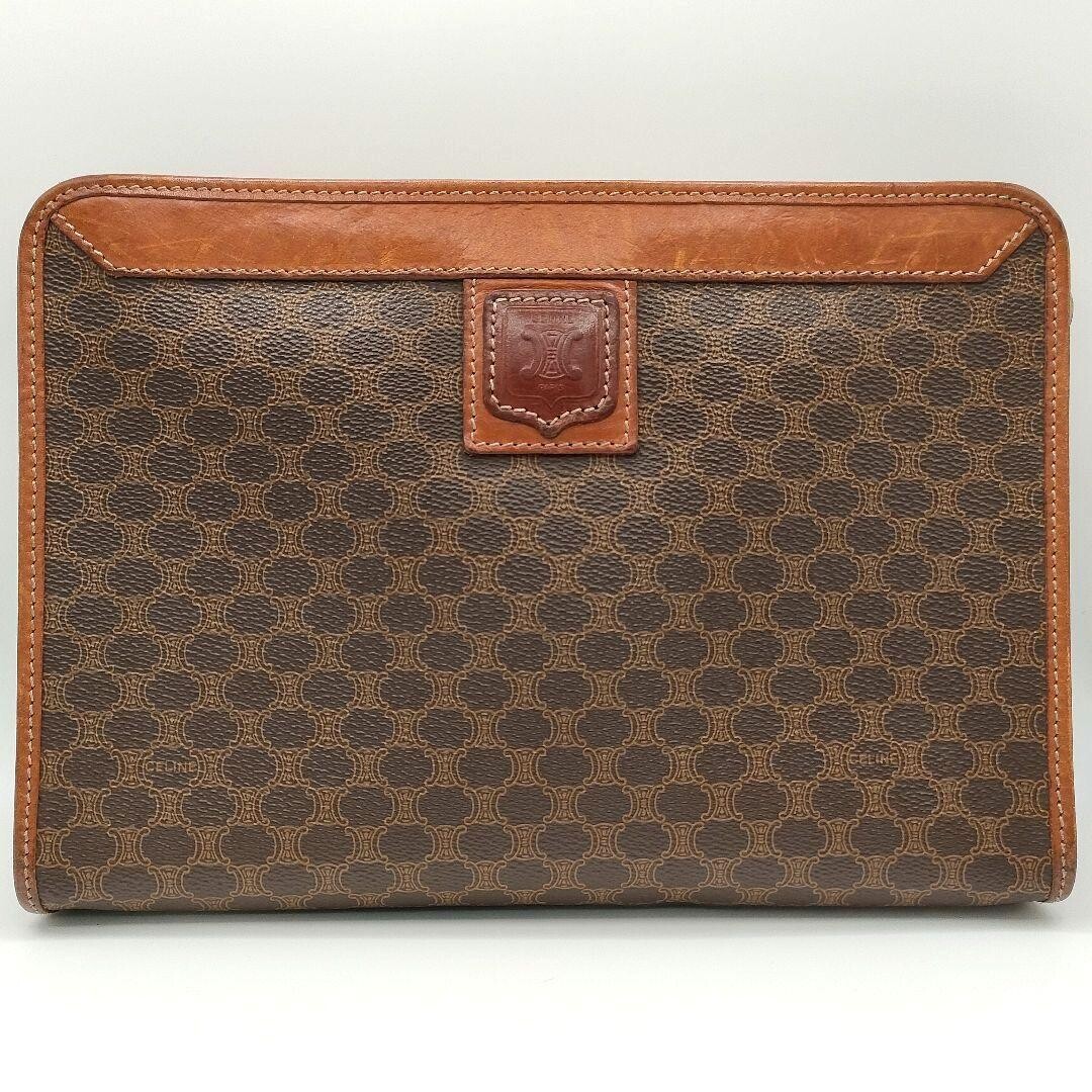 CELINE Macadam Vintage Brown Leather Clutch Bag Unisex Gold Zip From Japan
