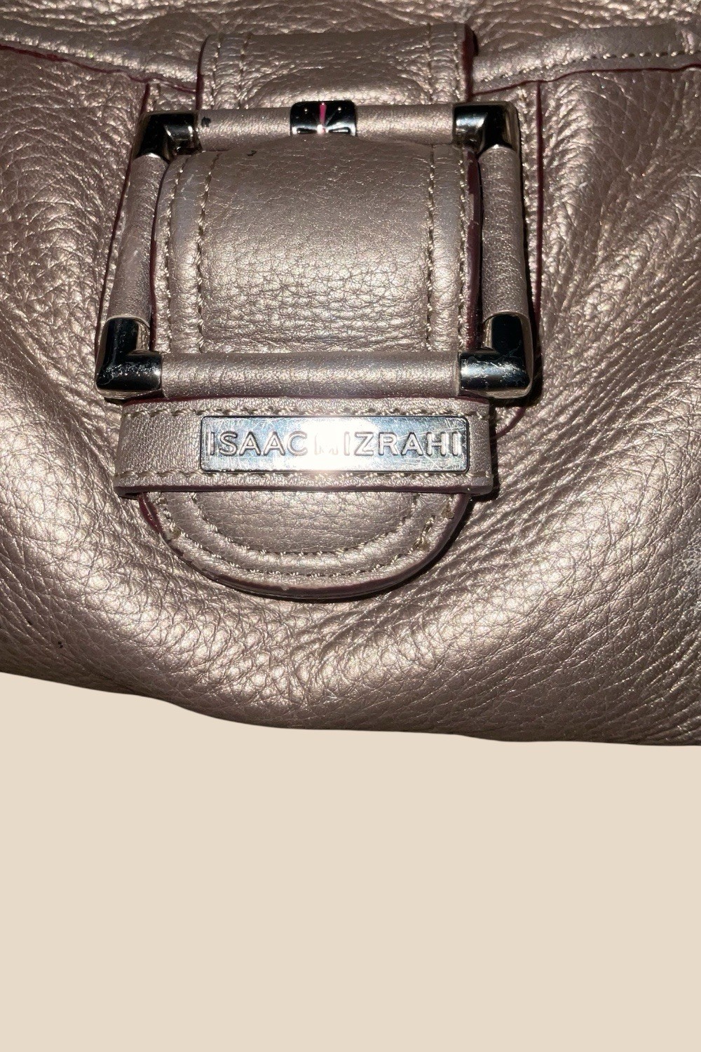 Isaac Mizrahi Metallic Silver Satchel Magnetic Closure, Genuine Leather