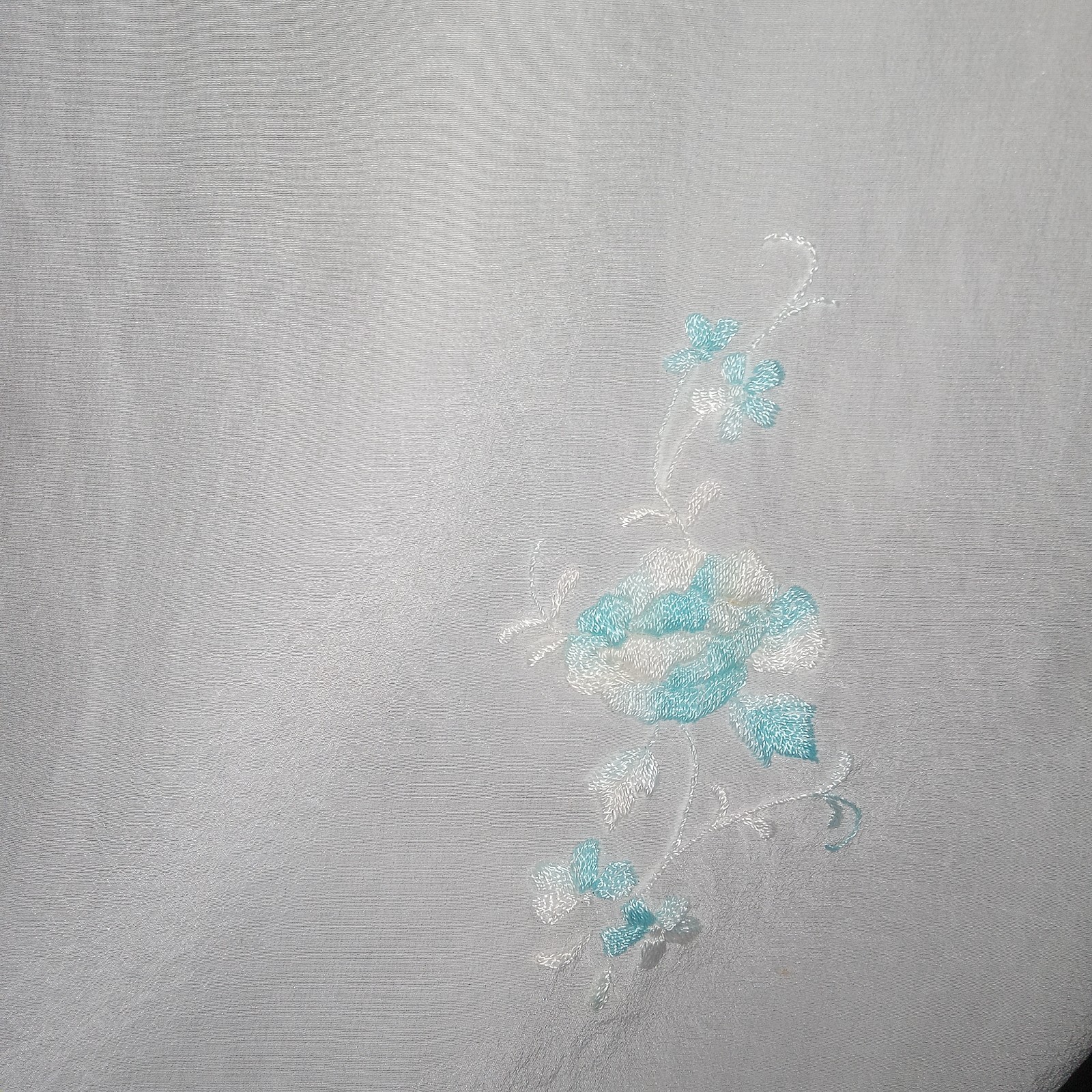 Vintage 100% Silk Embroidered Scarf Teal & Blue On Cream 13×53″ Set Of 2 Read