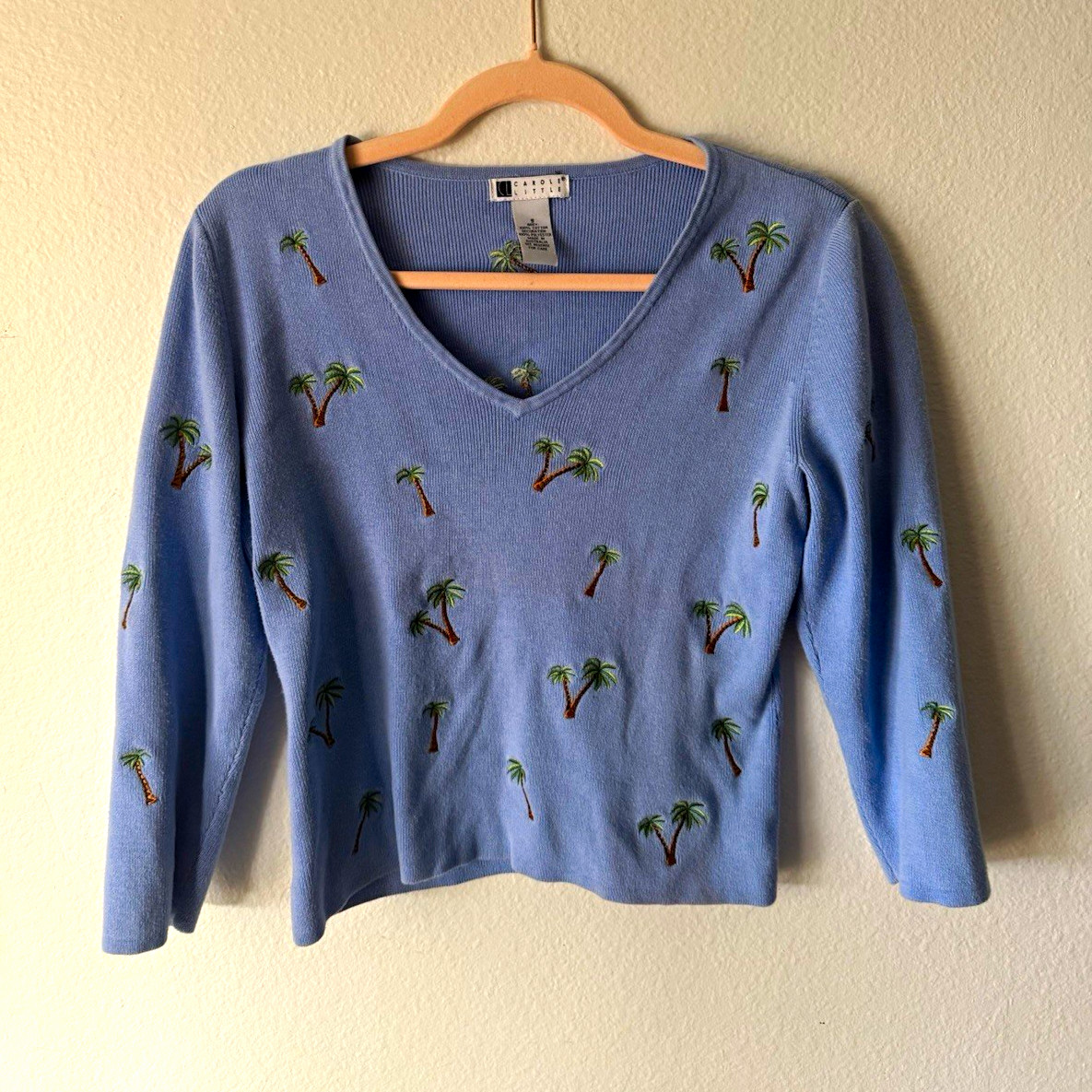 Carole Little Blue V-Neck Rib-Knit Embroidered Palm Tree Sweater S