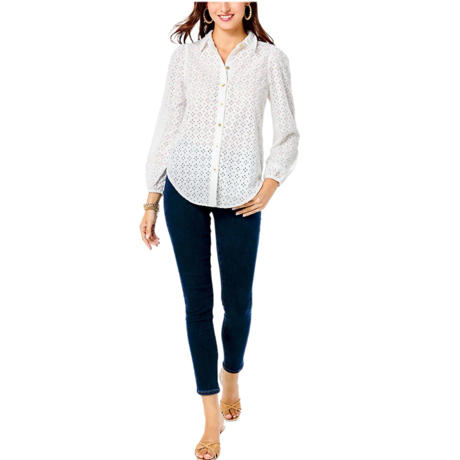 Lilly Pulitzer White Sea View Eyelet Gold Puff Sleeve Button Down Size XS