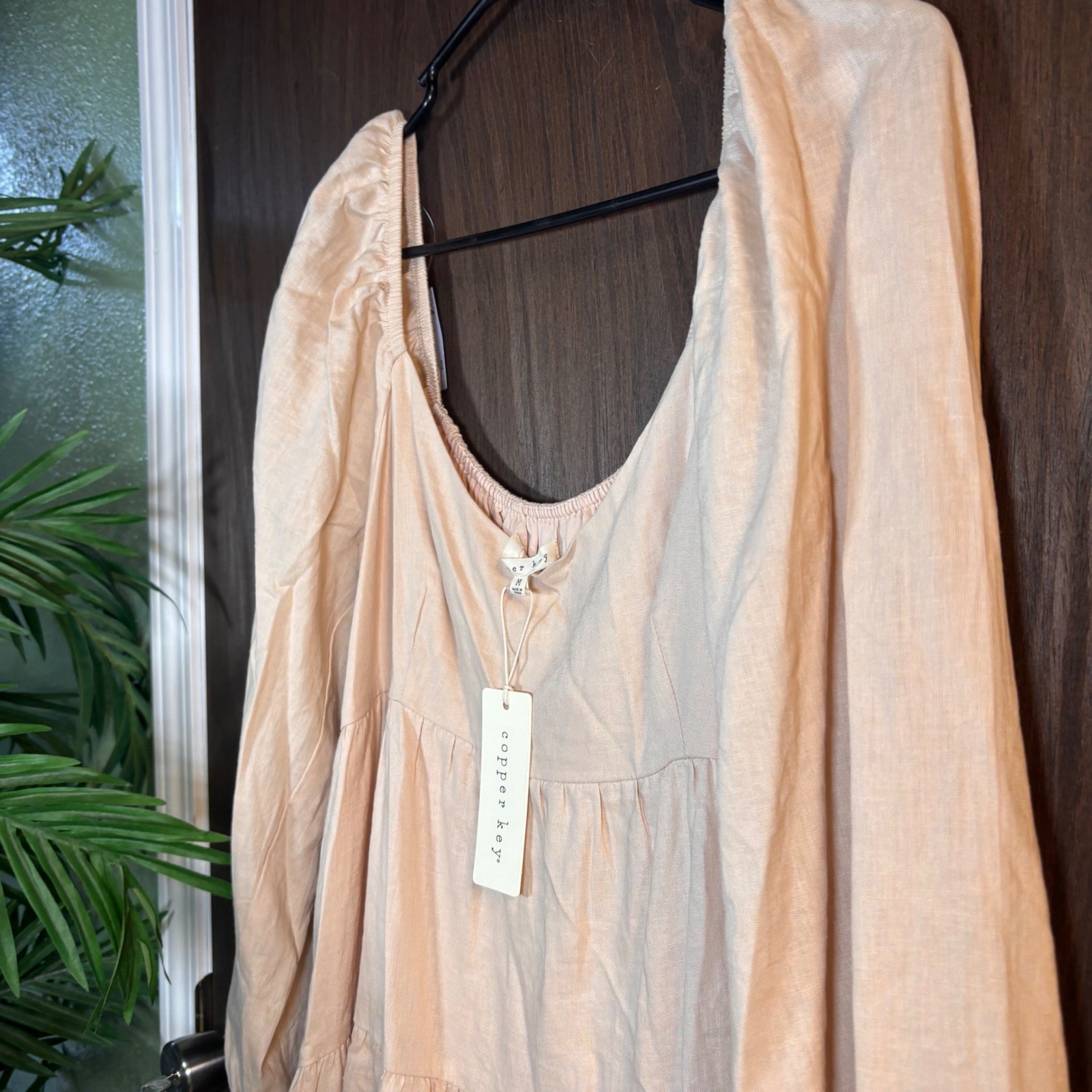 Copper Key NWT Tiered Mini Dress Medium Beige Puff Sleeve Cottagecore