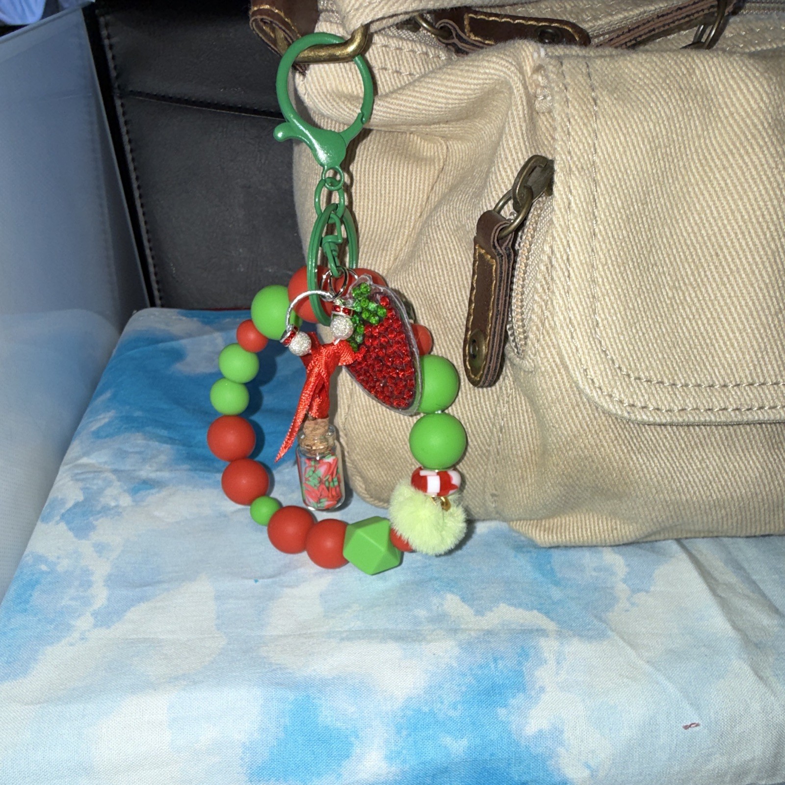 Red & Green Strawberry Beaded Wristlet Key Chain/Bag Charm w/Bow & Pom Pom