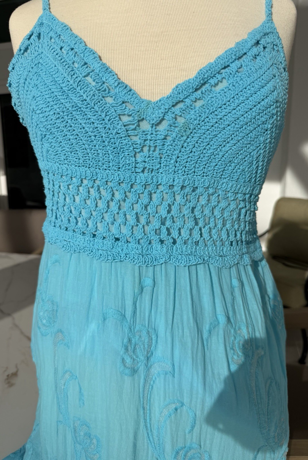 Crochet blue beaded fit and flare summer dress size M/L In great condition
