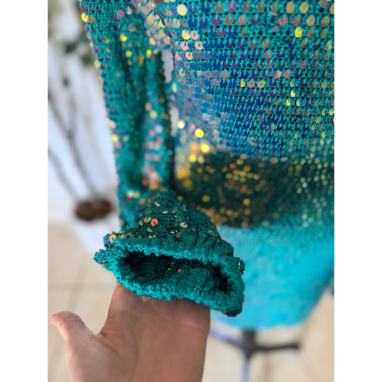 Retrofête Teal Sequin Crochet Mini Dress Open Back Iridescent Green M/L