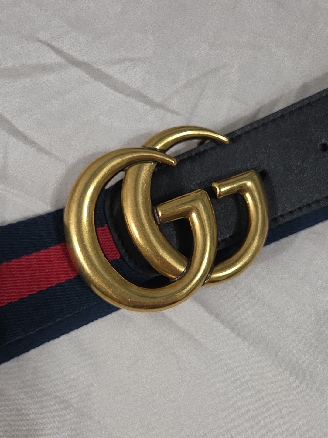 Gucci GG Brass Buckle Striped Navy Red Dress Belt Men’s 36-38 IT 105CM