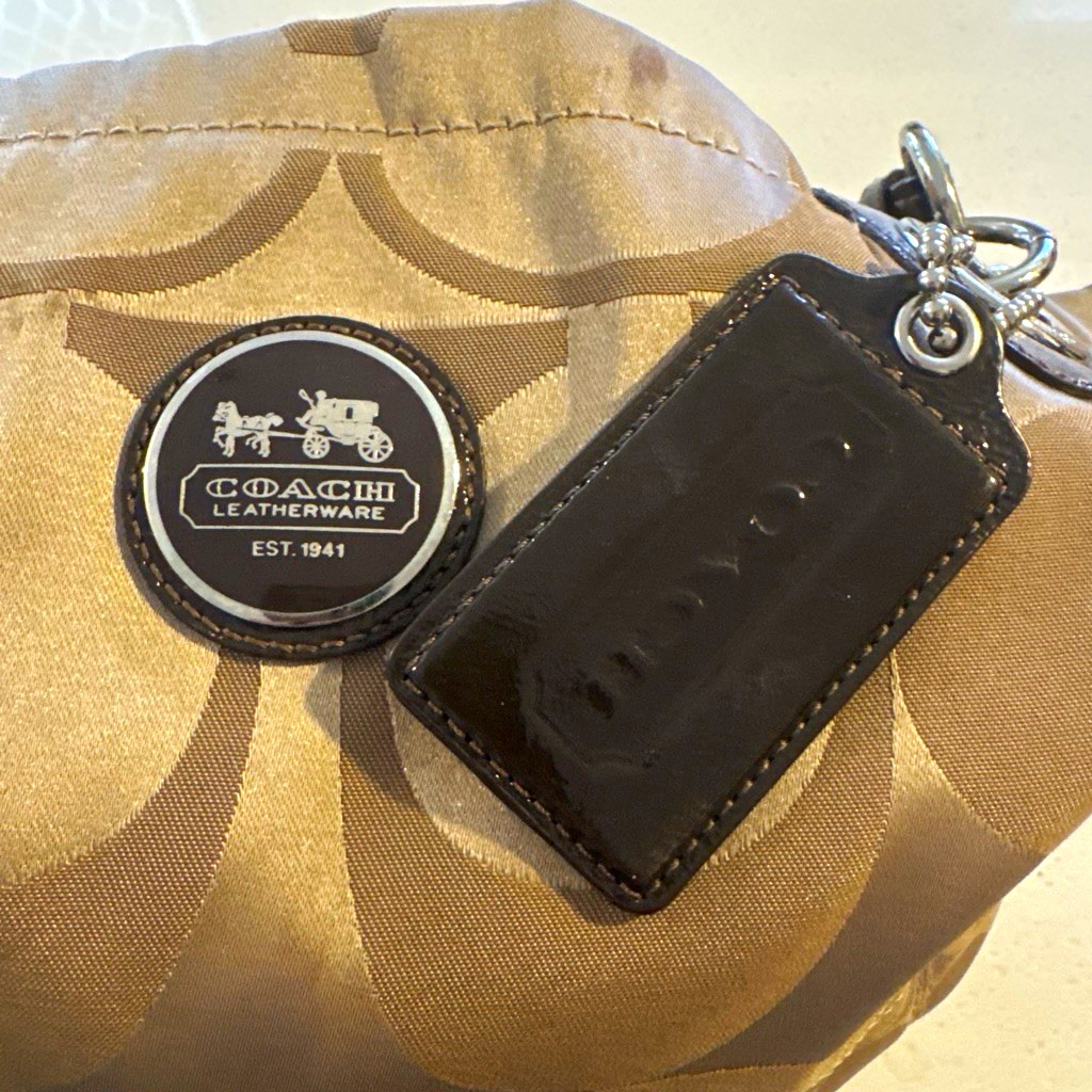 Coach Signature Logo Tote Bag Beige/Brown Zip Double Handles w/ Hangtag Charm