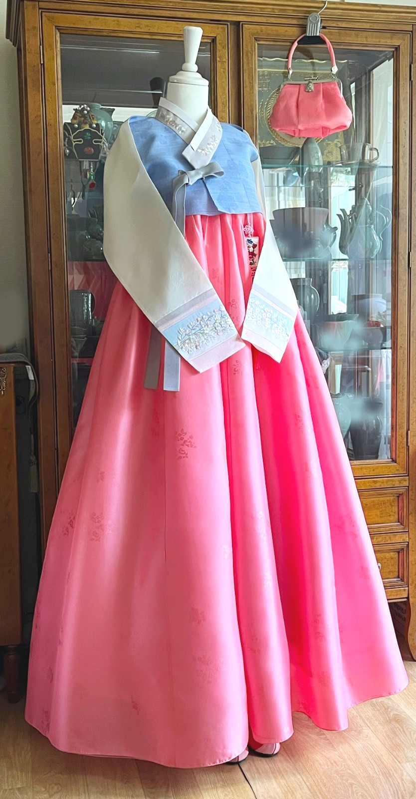 Premium Silk Traditional Korean Hanbok Dress–Light Blue & Pink/Hand bag / Junior