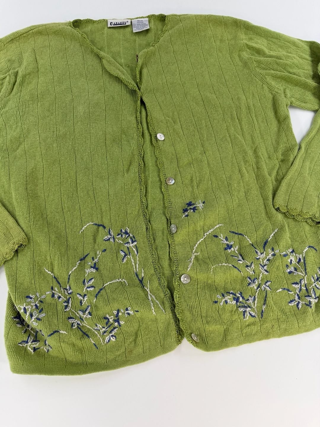 0782 Medium Capacity Floral Embroidered Green Knit Button Front Cardigan