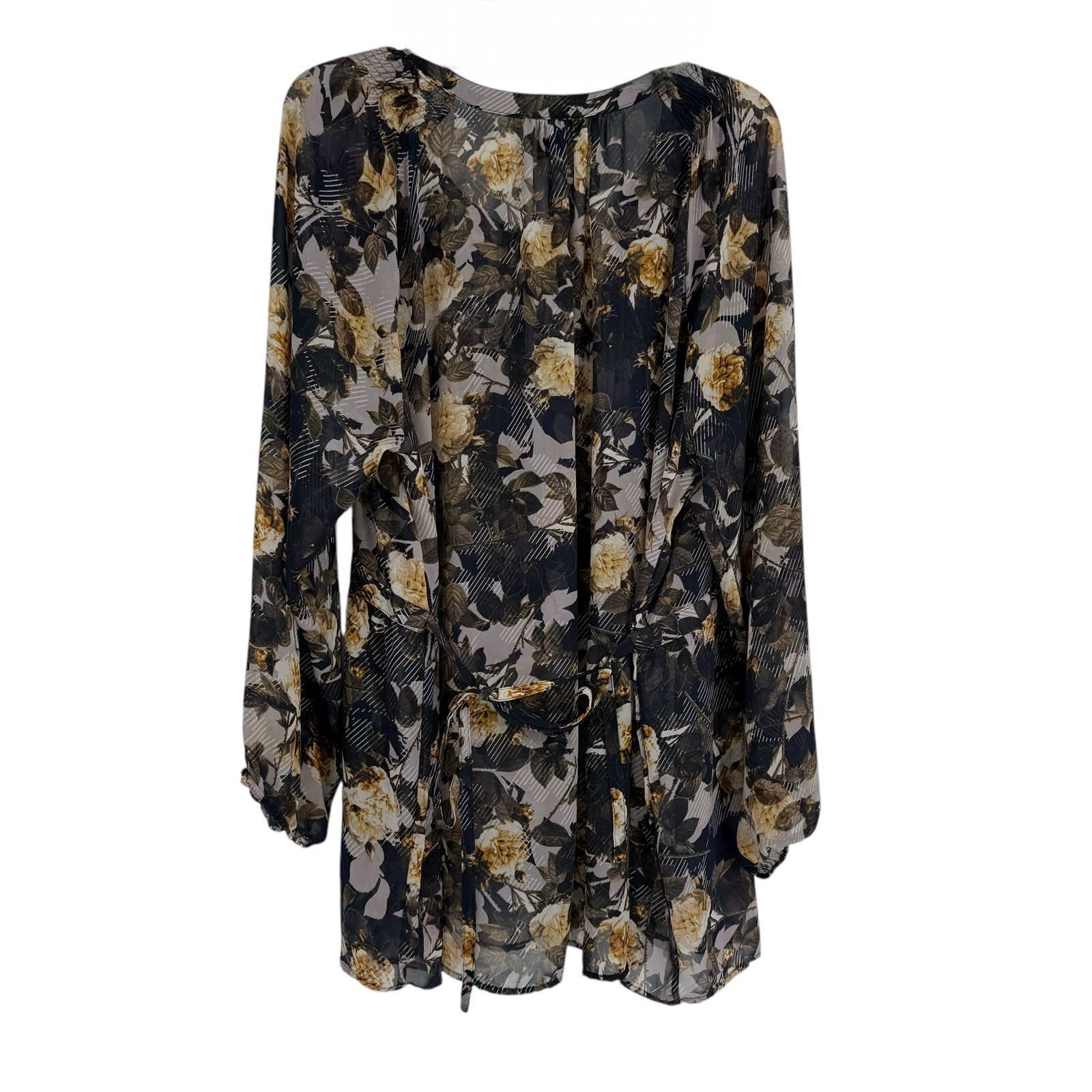 Lysse Black Floral Top Plus Size 2X Womens Semi sheer Blouse Long Sleeves
