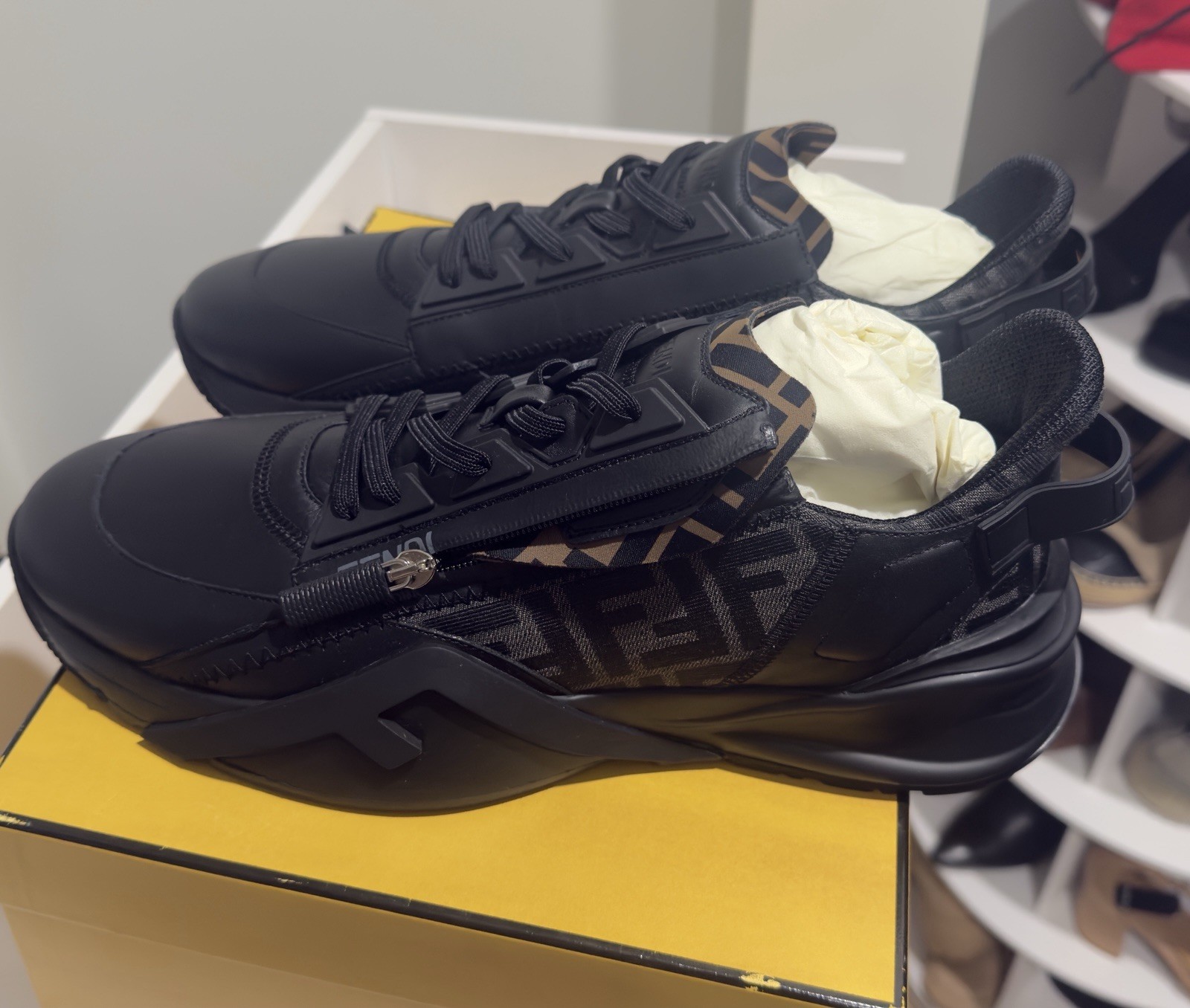 FENDI Flow Vitello Leather & Tonal Logo Jacquard Sneakers (New & Authentic)