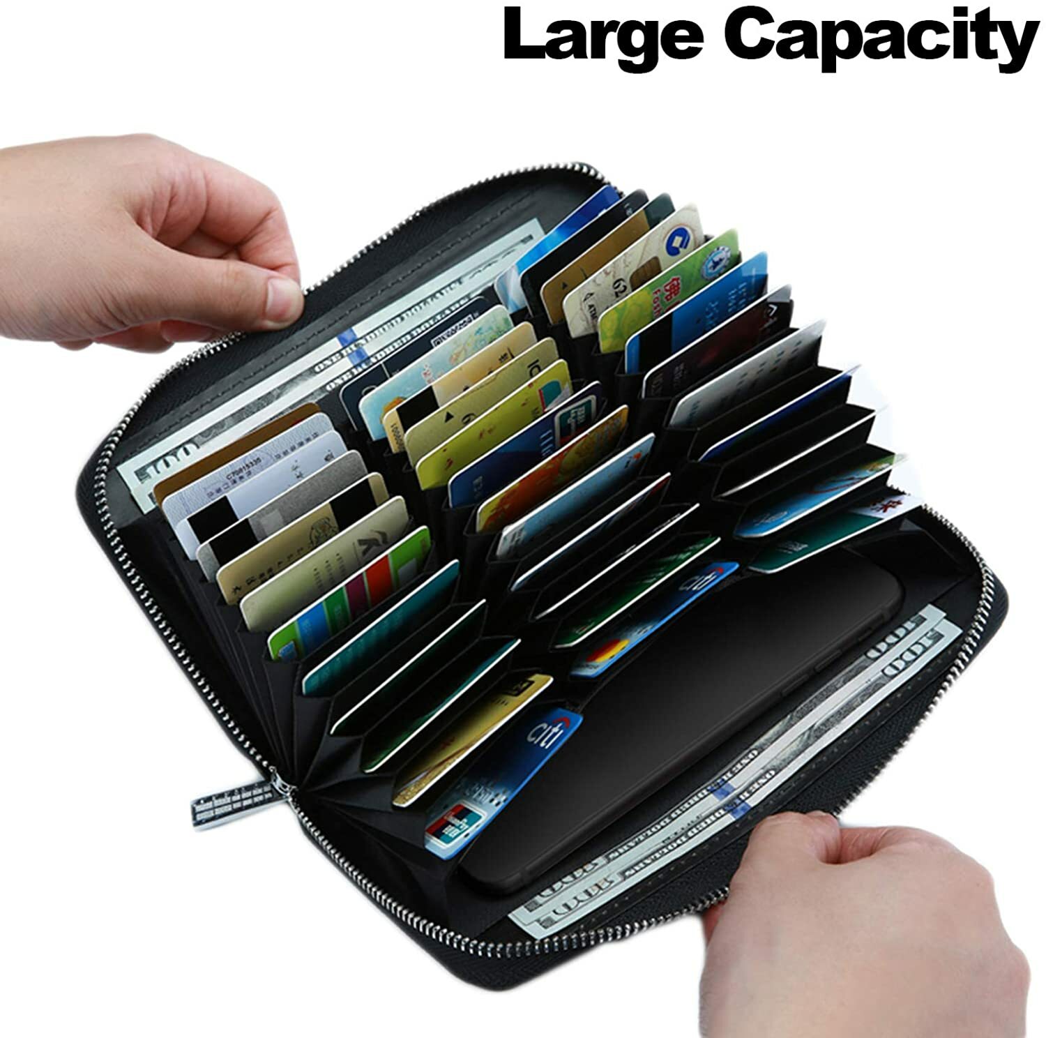 Large Capacity Credit Card Holder 36 Slots Zipper Leather Wallet RFID Blocking
