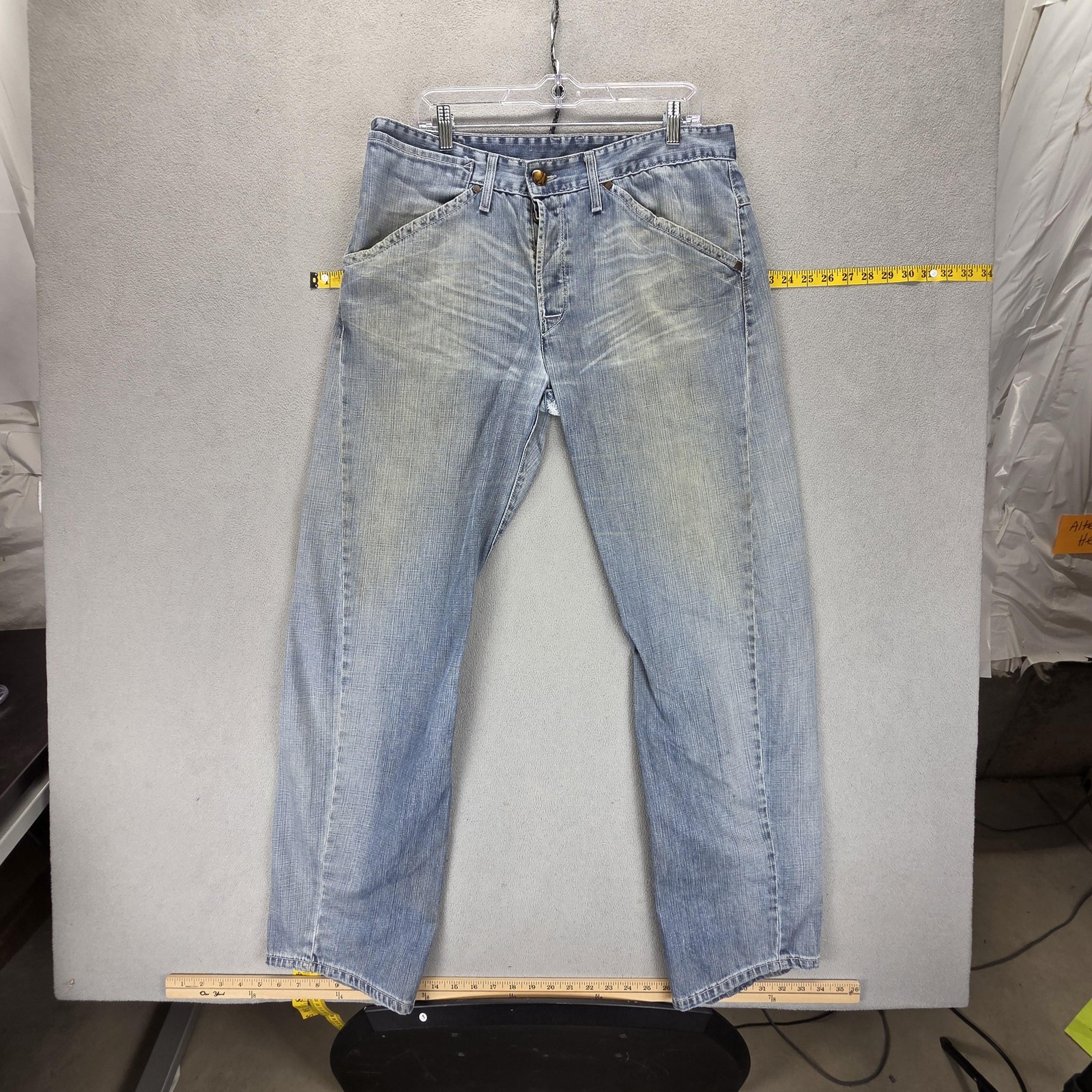 VTG Levis Engineered Jeans Mens Blue Twisted Button Fly Altered Hem Fits 34×32