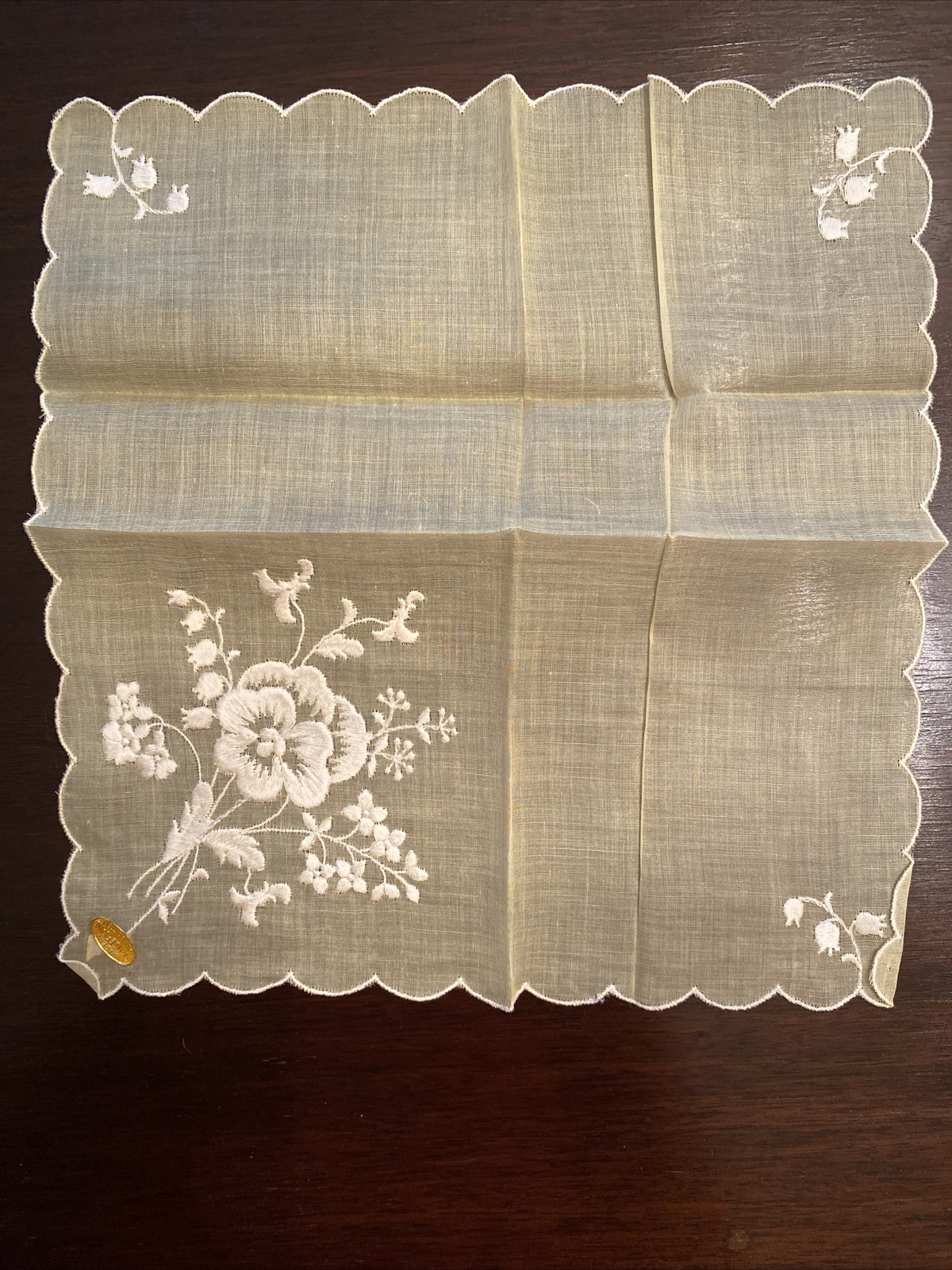 Vintage made in Switzerland pale yellow Linen Handkerchief Hanky approx 11″ sq